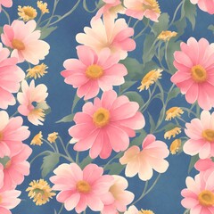 Floral seamless pattern with daisies and green leaves and herbs. Great for textile print, background, handmade card design, invitations, wallpaper, packaging, interior. Generative AI.