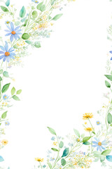 Frame with chamomile wildflowers. Watercolor template for your invitations; advertisements and posts. Cards, business cards, wedding invitations, banners, menus, covers. Watercolor. Generative AI.