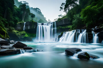 Beautiful waterfall with majestic green grass view, created with AI