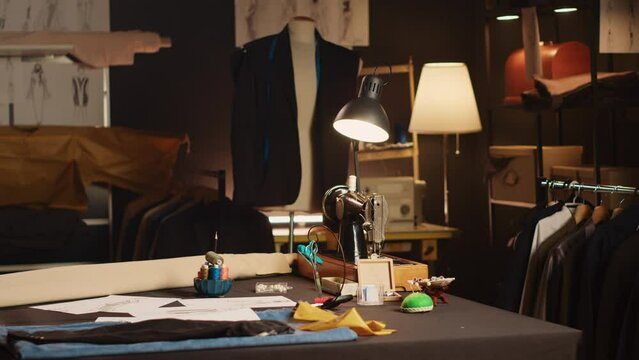 Empty luxury tailor workshop with tools used for sewing and creating new fashion clothing collection. Atelier with workstations and fabric used for manufacturing clothes business.