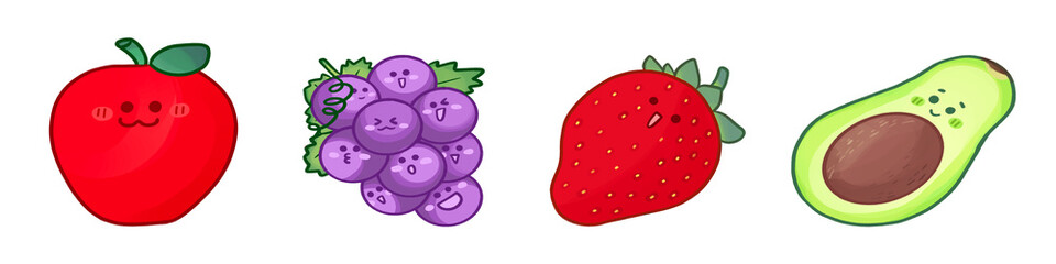 Fruit set, grape, apple, avocado and strawberry , on White Background.