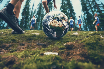 Planet Earth on the football field instead of the ball and the legs of football players close-up. The idea of a destructive attitude towards our globe and its resources