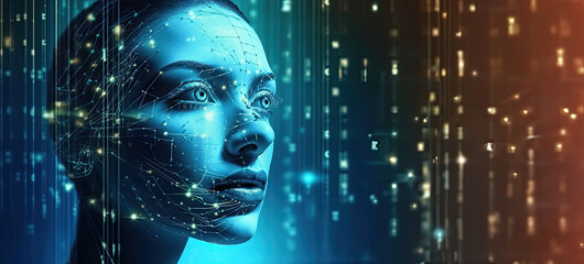 Artificial intelligence and data screening concept. Female human face on binary code background. Generative AI