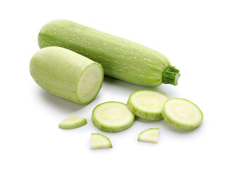 Slices of fresh green zucchini on white background
