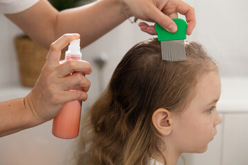 A woman helps to get rid of lice and parasites on the head of a little girl, combs her head with a special comb and and shampoo. Treatment of lice and nits - obrazy, fototapety, plakaty
