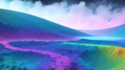 Photo of a vibrant neon landscape painting with a rainbow of colors