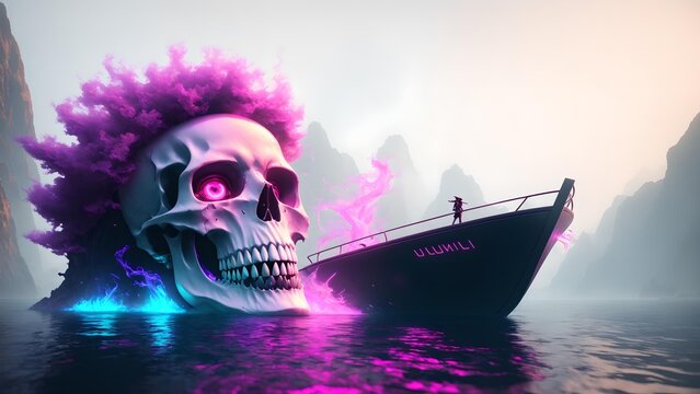 Photo of a neon painting of a skull on a boat floating in a body of water