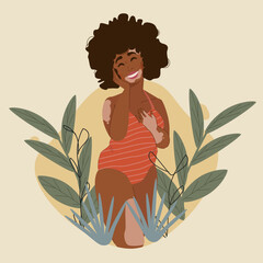Woman with vitiligo wearing swimsuit, happy and with self-love. Concept of different beauty, body positive, self acceptance