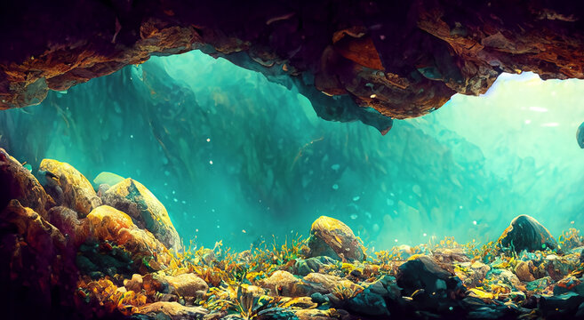 illustration of a beautiful sea cave under the sea HD