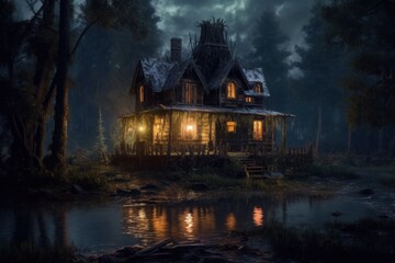 Halloween image. Dilapidated overgrown with grass Horror house with glowing windows stands in middle of swamp in frightful forest. Generated AI. - obrazy, fototapety, plakaty