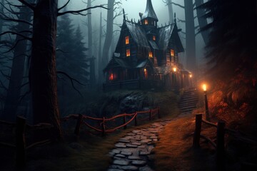 Fototapeta premium Rocky pathway leads to Halloween Horror house stands in depths of eerie black forest. Generated AI.