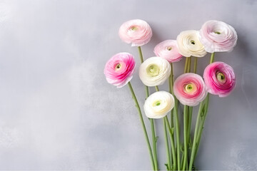 Bouquet of pink and white ranunculus flowers over the grey wall. Generative AI