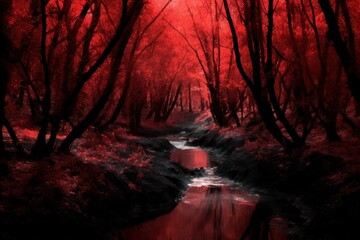 Terrible red Halloween forest with river among black trees. Generated AI. - obrazy, fototapety, plakaty