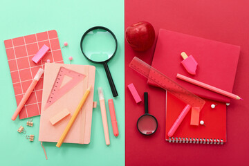 Fresh apple with magnifiers and different stationery on color background