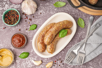Plate of tasty homemade sausages with sauce on grunge background