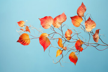 Yellow and orange leafs on blue background, autumn Generative AI