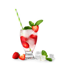 Glass of infused water with strawberry and mint on white background