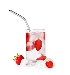 Glass of infused water with strawberry on white background