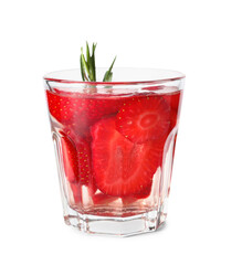 Glass of infused water with strawberry and rosemary on white background