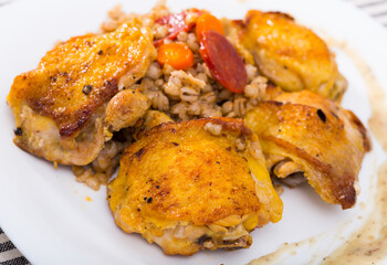 Closeup of tasty chicken thighs with pearl barley at plate on table