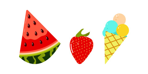 Set of summer elements, beach, summer accessory. Watermelon and strawberry, ice cream. Rest. Vector flat illustration.