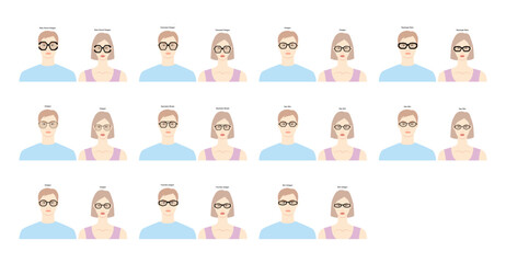 Set of Octagon frame glasses on women and men flat character fashion accessory illustration. Sunglass front view for unisex silhouette style, rim spectacles eyeglasses with lens sketch style outline