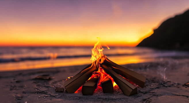 beautiful campfire in the middle of a sunset on a beach in the united states in high definition