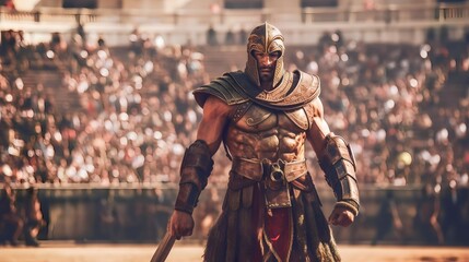 a ferocious gladiator wearing armored Roman gladiator at the Ancient Rome gladiatorial games in the coliseum