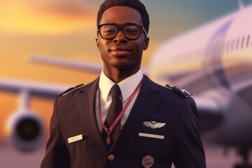 Airplane pilot at the airport. Background with selective focus. AI generated, human enhanced - obrazy, fototapety, plakaty