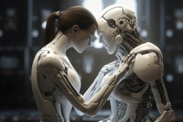 Fototapeta na wymiar The concept of love and relationship with a robot. AI generated, human enhanced.
