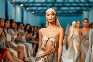 Woman top model at fashion week show. AI generated, human enhanced - obrazy, fototapety, plakaty