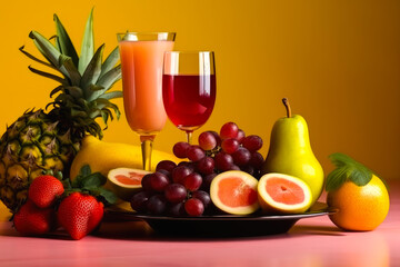 Composition of fruits and glasses of juice, generative ai