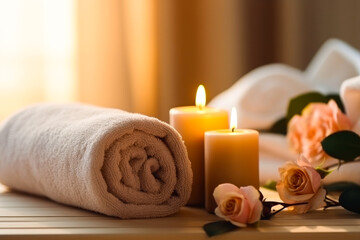 Plakat Composition of spa candles and towels, generative ai