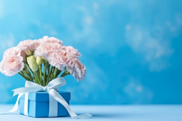 Concept of Mother's day holiday greeting gift with carnation bouquet on bright blue table background, generative ai