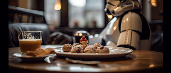 food on a table with a star wars robot in the background and a glass of orange juice next to it - obrazy, fototapety, plakaty