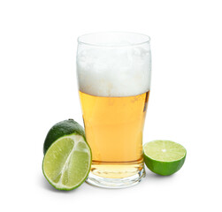 Glass of cold beer with lime on white background