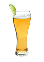 Glass of cold beer with lime on white background