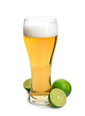 Glass of cold beer with lime on white background