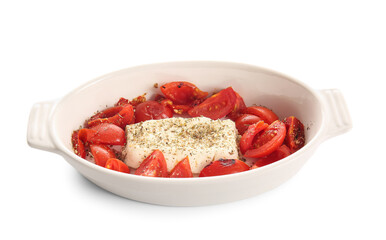 Baking dish with tasty tomatoes and feta cheese isolated on white background