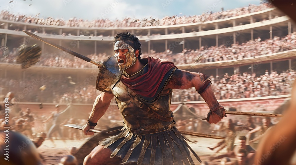 Wall mural a fierce gladiator attacking. An armoured roman gladiator in combat wielding a sword charging towards his enemy. Ancient Rome gladiatoral games in coliseum