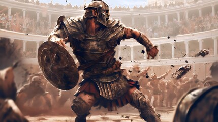 a fierce gladiator attacking. An armoured roman gladiator in combat wielding a sword charging towards his enemy. Ancient Rome gladiatoral games in coliseum - obrazy, fototapety, plakaty