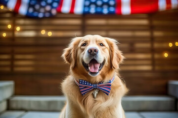 Photo of a patriotic dog wearing a bow tie and posing with the American flag