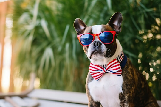 Photo of a stylish dog posing with American flag sunglasses and bow tie