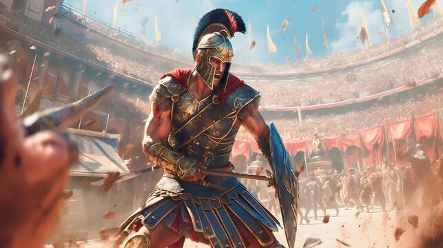 a fierce gladiator attacking. An armoured roman gladiator in combat wielding a sword charging towards his enemy. Ancient Rome gladiatoral games in coliseum