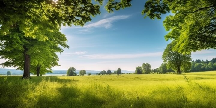 A lush green meadow with trees. Created with Generative AI technology