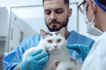 Veterinarian, an animal doctor checking a cat at a vet clinic, AI generative image.