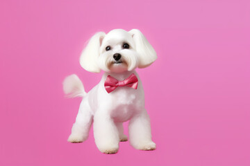 Enchanting Maltese Lapdog Posed in a Studio, Highlighted by a Dreamy Pink Background IA generative