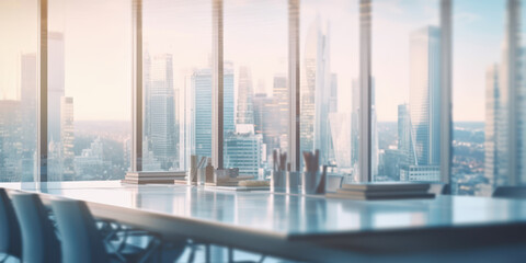 Corporate Productivity: Blurred Large Office Workspace in the Morning with Cityscape Background