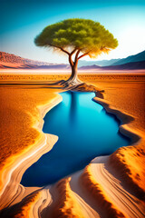 Lonely tree in the desert with water poverty, in the foreground and mountains in the background.