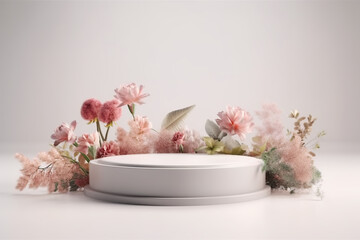 Mockup, elegant white circular round podium. Food or product display pedestal with flowers, stage design, generative AI